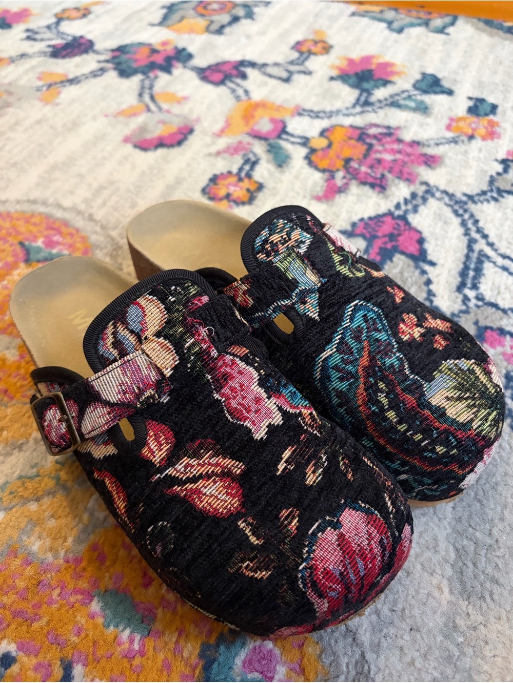 MIA Black Floral Tapestry Platform Clogs
